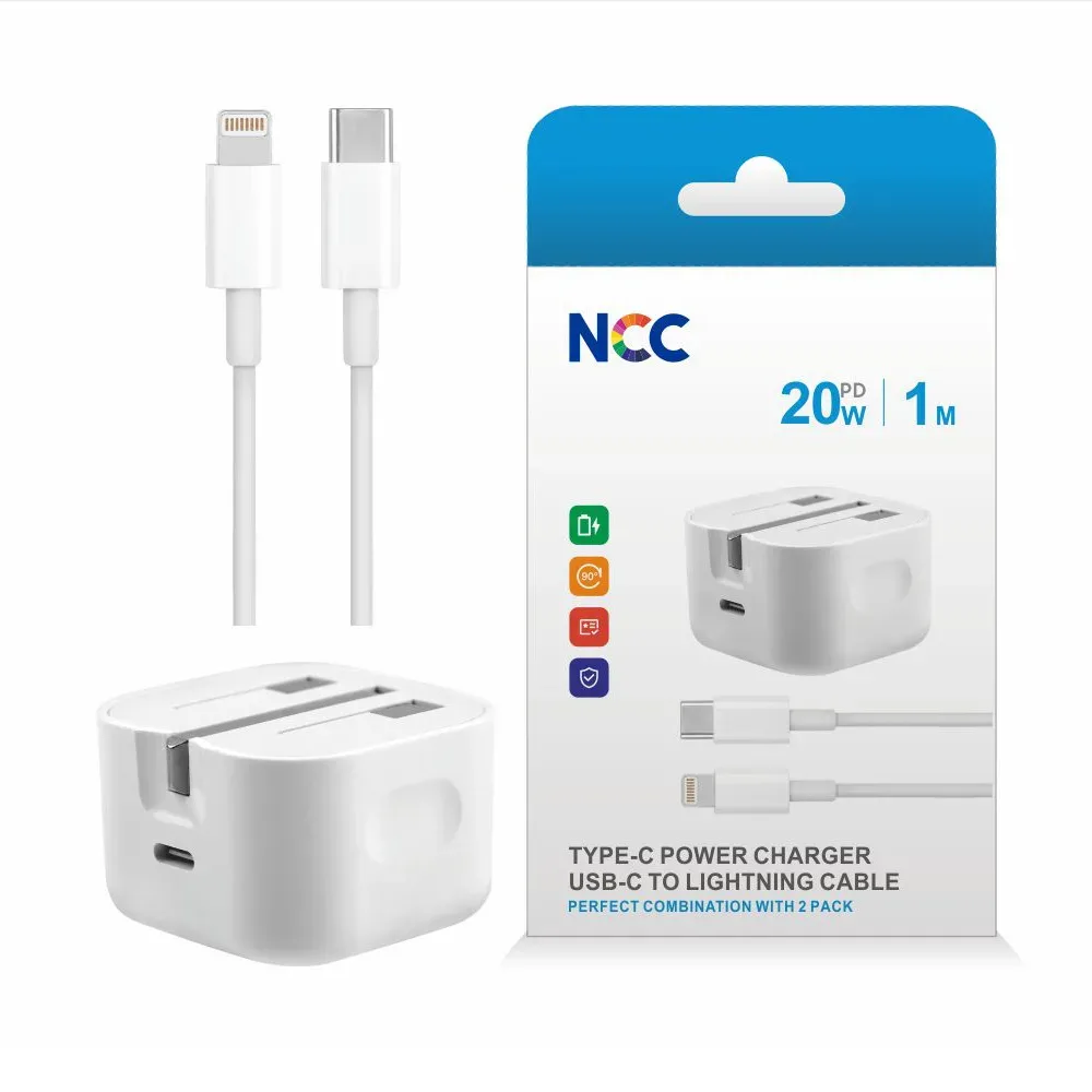 NCC Type-C Charger (20W UK) & USB-C to Lightning Cable (1M) Combo